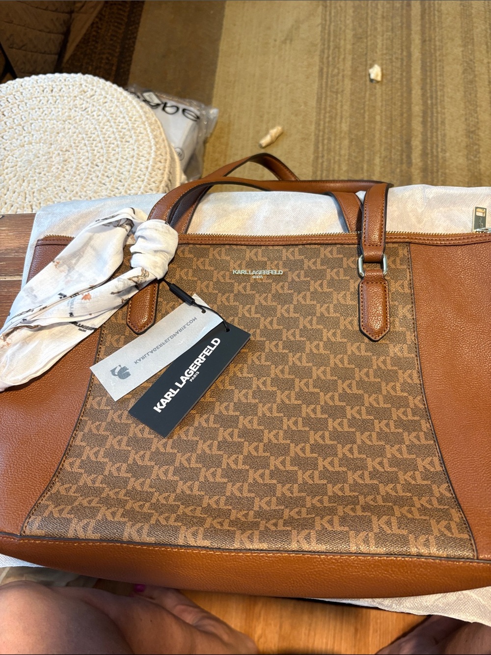 Karl Lagerfeld Brown Monogram Tote with Scarf Detail
